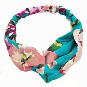 Hot Sale Teal Geranium Flower Printed Elastic Hairband Girls Fabric Headband Knotted Headwrap Head wear 100 pcs/lot 5 Colors