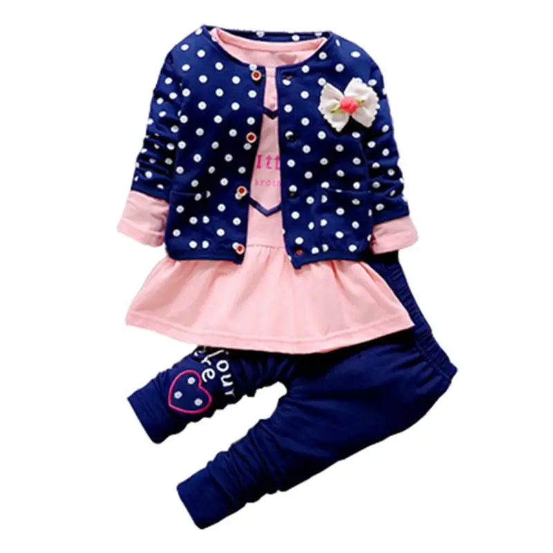 Baby Girl clothing Sets kids 3PCS coat T-shirt Pants children Cute Princess Heart-shaped Print Bow baby girl outfits