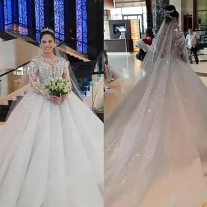 Kebaya Modern Silver Long tail Ball Gown Beading Patterns Princess Cut Wedding Dress