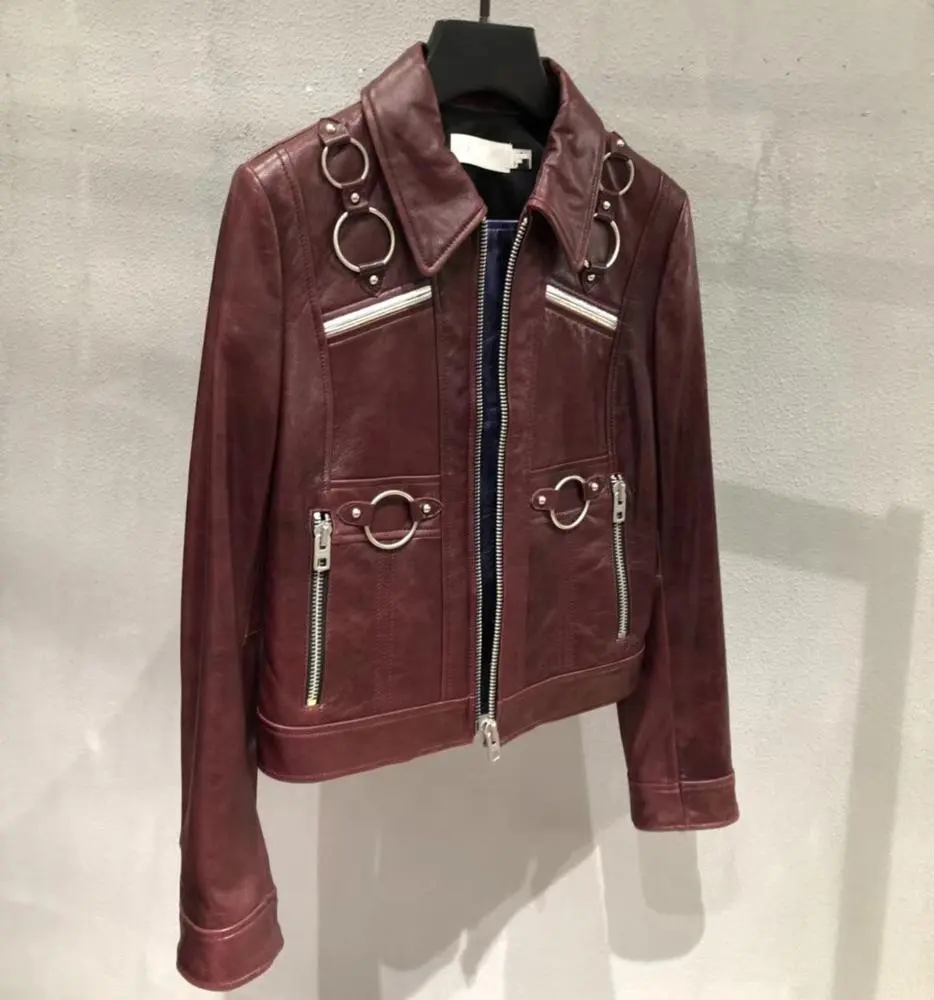 Frühling Einzigartiges Design Wein Rot Damen Leder Bomber jacke Echtes Leder Damen Moto Jacke in regulären & Petite Größen