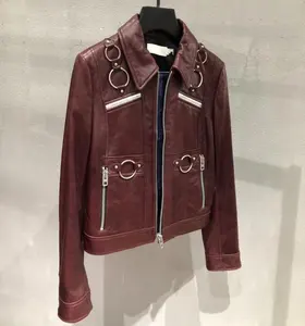 Spring Unique Design Wine Red Ladies Leather Bomber Jacket Genuine Leather Women Moto Jacket in Regular & Petite Sizes