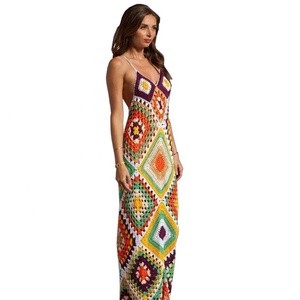 Vestidos Maxi <span class=keywords><strong>de</strong></span> Mujer, Estilo Informal, sin Mangas, con Diseño <span class=keywords><strong>de</strong></span> Cuadros, para la Playa, Tejidos a Crochet - Product Image 3