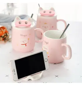 Korean style mobile phone holder coffee ceramic cup cartoon cute pig mug with lid spoon