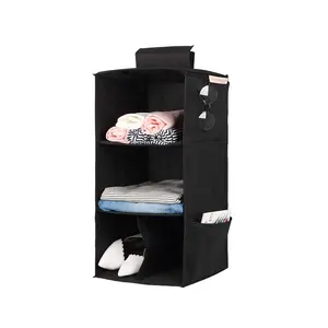 Black Canvas Hanging Closet Organizer with Pockets Fabric Clothing and Sundries Storage for Bags Shoes Tools Wardrobe Space