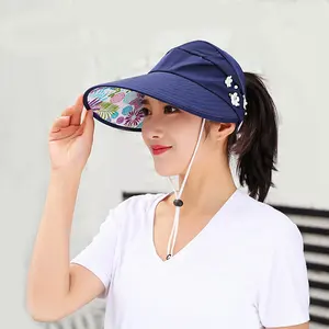 Zomer anti-uv Koreaanse stijl fashion flower gedrukt lady opvouwbare roll up wide brim strand zonneklep hoed