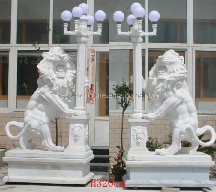 Leão de mármore branco de decoração ao ar livre, grande tamanho, estátua leão com pilar leve, escultura