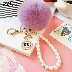 Echtem Kaninchen Fell Pompons Keychain Pom Pom Keyring Mode Perle Kette Flauschigen Ball Schlüssel Kette Für Auto Tasche Anhänger Weihnachten geschenk