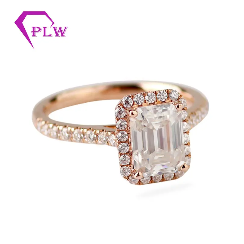 Nhẫn Vàng Hồng 14K Nhẫn Cưới Đính Hôn Vàng Moissanite Không Màu Ngọc Lục Bảo