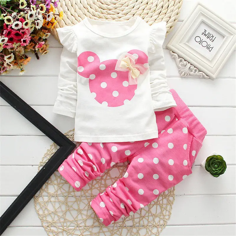 Venta caliente otoño primavera Mickey manga larga 2 piezas conjunto de ropa de bebé recién nacido Niña