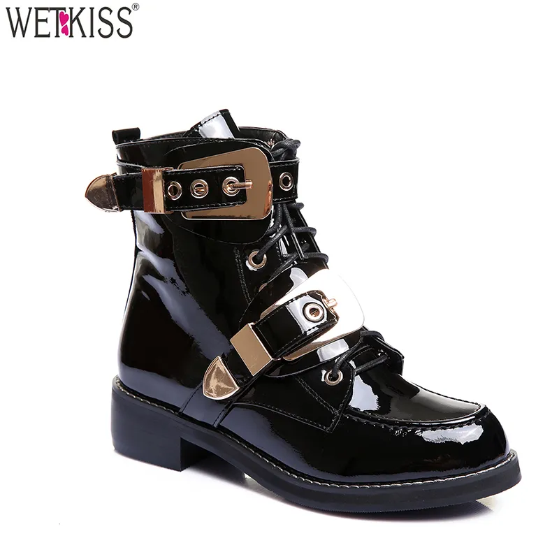 OEM Shoes Patent Leather Ladies Winter Snow Boots Buckle Strap Casual Motorcycle Boots