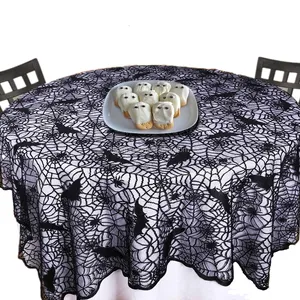 Negro Halloween telaraña manteles redondos de encaje negro murciélago araña cubierta de mesa de fiesta