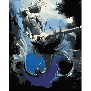 3d yağlıboya tuval üzerine iki erkek Mermaids mücadele deniz boya sayısına göre kitleri yağlıboya çerçeveleri toptan