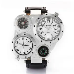 OULM-Reloj de pulsera deportivo para hombre, cronógrafo con diseño creativo, zona horaria múltiple, brújula, decoración de cuero, 9415