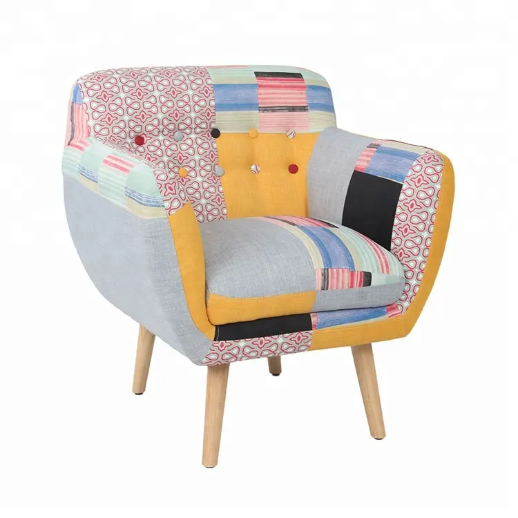 Modern Furniture Single Seat Patchwork Chair Fabric Luxury Armchair Living Room Chair with Wooden Legs for Hotel,Setting Room