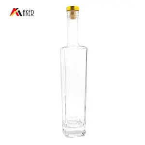 Logo Afdrukken Custom Clear Square 500Ml Whiskyglas Wijn Liquor Fles Met Goud Aluminium Bedekte Rubberen Stop