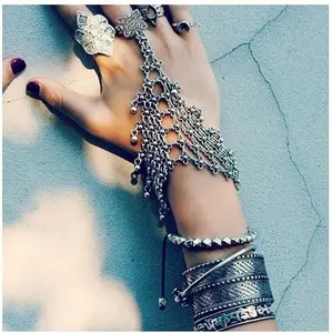 Queena Coin Tassel Slave Bracelet Multilayer Bohemian Silver Chain Ring Finger Hand Adornment