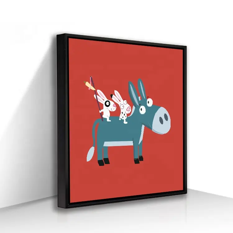 lovely donkey cartoon picture printed canvas art with black frame for kids room