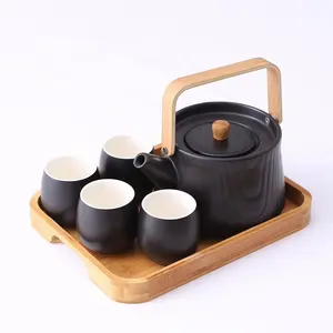 Wholesale 4 cups 1 teapot black glaze japanese porcelain tea set with wooden tray