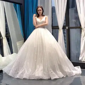 RSM66726 v neck elegant long train lace fashion wedding gown bridal dress