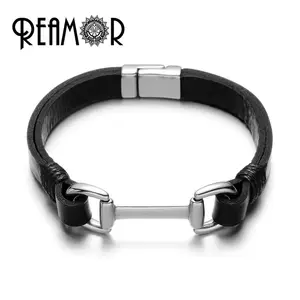 REAMOR plana de cuero genuino 316L Acero inoxidable conector pulsera