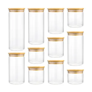 Tarros herméticos de vidrio con tapa de bambú para almacenar alimentos, 100ml, 150ml, 200ml, 250ml, 300ml, 350ml, 400ml, 450ml, 550ml, 650ml, 750ml