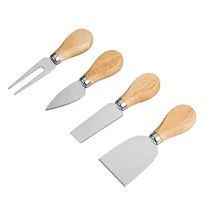 Conjunto de faca de aço inoxidável, 4 peças, cabo de madeira de borracha, faca de manteiga, espátula, garfo, queijo, faca