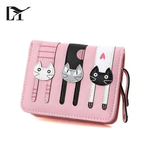 Fashionable Short Style Pink PU Leather Three Cat Purses Wallets For Girls