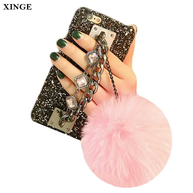 Fur Ball Ladies Mobile Cell Phone Cover Case With Diamonds For Iphone 6 7 8