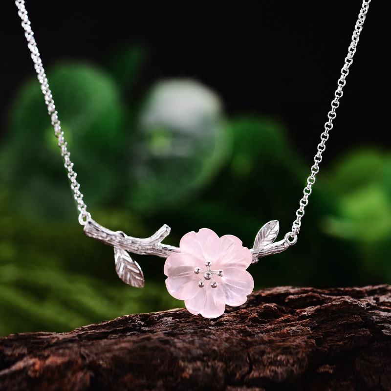 Lotus Fun Vintage Handmade Natural Crystal Gemstone Flower in Rain Design  Necklace 925 Sterling Silver Luxury Jewelry for Women