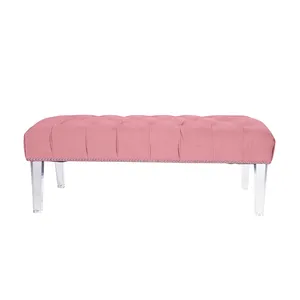 Banc avec repose-pieds en velours rose, pieds en acrylique, pour le salon, produits de maison, 1 pièce