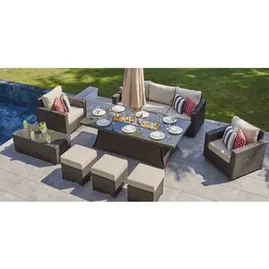 8 chỗ ngồi màu nâu vườn sofa mây wicker ngoài trời gas lửa Pit nóng sofa Set