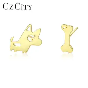 CZCITY Small Gold Silver 925 Earrings Korea Style Puppy Cartoon Stud Earring Women Fine Jewelry