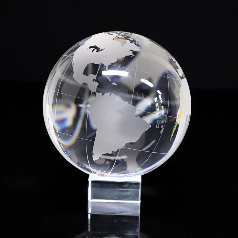 Glass Clear World Earth Globe Etched Crystal World on Stand 100mm Paperweight