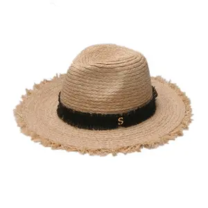 Sombreros de Panamá de paja de rafia Natural con borde deshilachado y Adorno