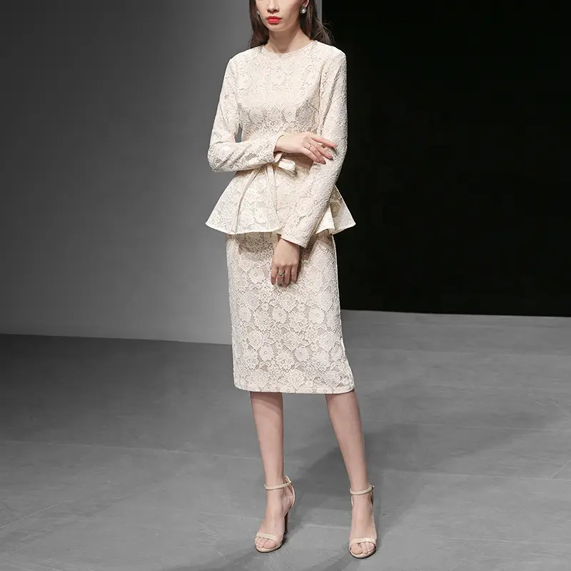 2019 OEM Women Long Sleeve New Design Mature Lace Dress Elegant