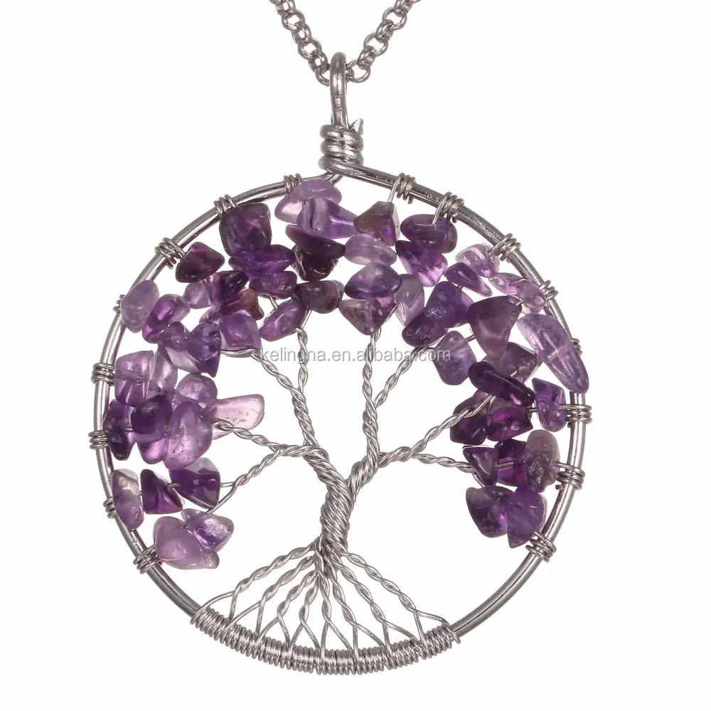 Fashion Handmade Amethyst Healing Gemstone Beads Pendant Tree Of Life Pendant Jewelry Birthstone Pendant