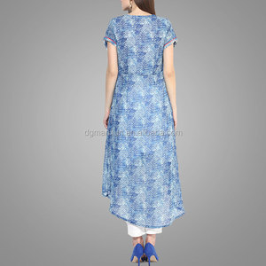 Azul Impreso V-cuello Largo Vestido Asimétrico Diseño de La Muestra Que Fluye Vestido de <span class=keywords><strong>Manga</strong></span> Corta - Product Image 3