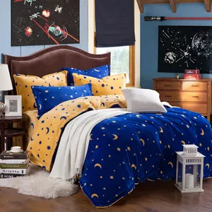 Custom New fashion high quality moon star printed 4piece flannel fleece bedding set yellow blue