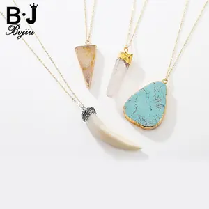 Fashion bull bone horn turquoise crystal quartz agate pendant alloy long necklace