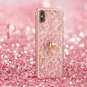 IPhone XS MAX için OEM QJZL/XR/X durumda lüks Glitter altın Bling elmas çiçek kapak coque iPhone XR kapak kristal yüzük vaka