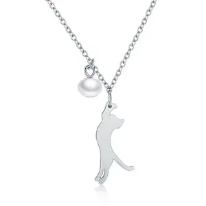 Solid Animal Design Pearl 925 Sterling Silver Pet Cat Pendant Necklace für Women