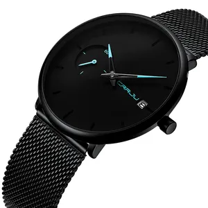 Часы Crrju мужские Кварцевые водонепроницаемые, брендовые Роскошные минималистичные, с сетчатым браслетом из нержавеющей стали, черные, оригинал 2258