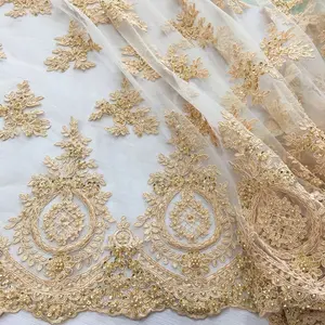 新款金色刺绣绳蕾丝手工珍珠亮片串珠薄纱面料新娘，时尚面料
