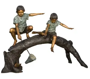 Foundry wholesale metal figure bronze 2 Kids Catching Fish on a Branch Sculpture