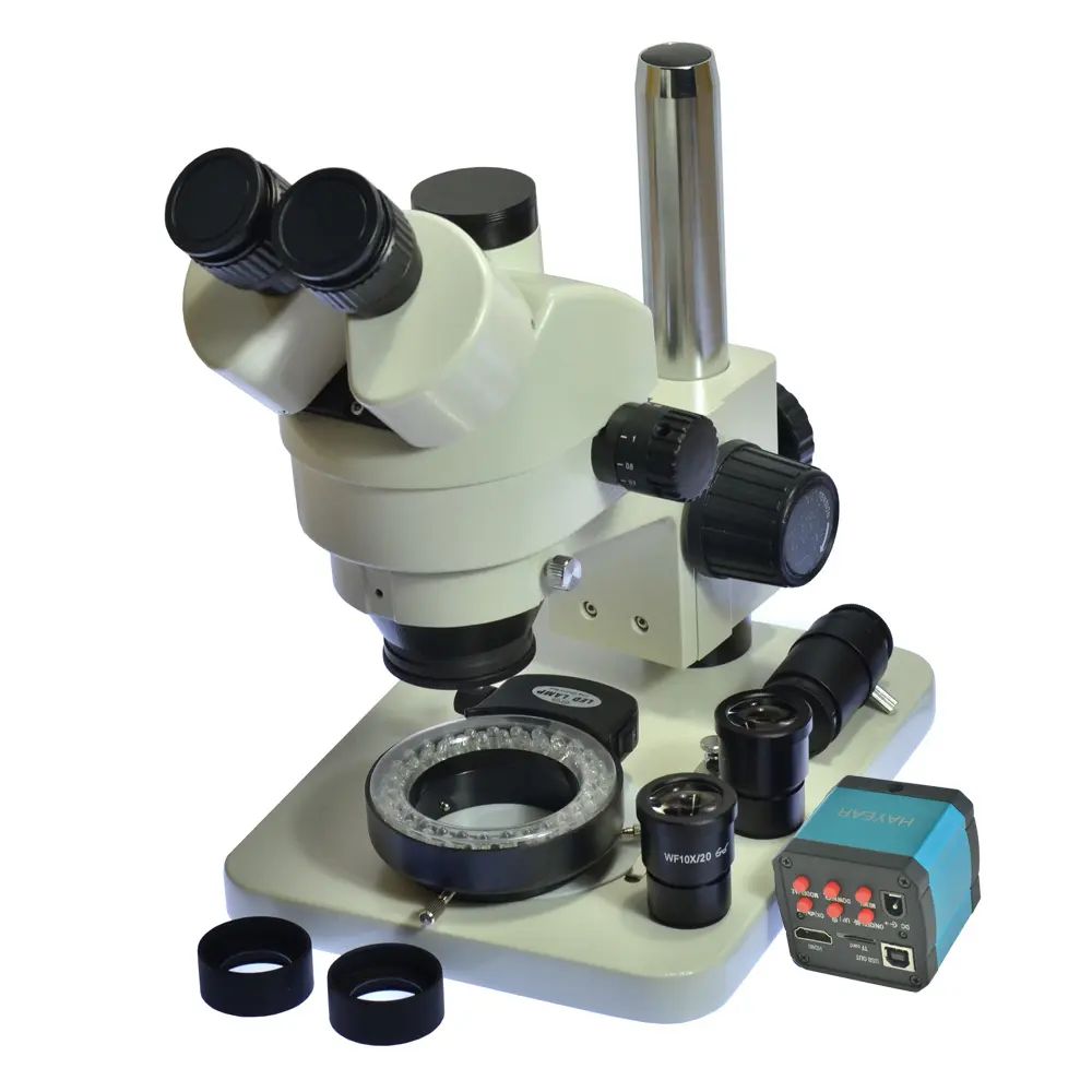 HAYEAR-microscopio Trinocular con USB, cámara de calibración, anillo de luz LED 56, 14MP, HDMI, 7X-45X