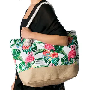 النساء أوراق نبات استوائي فلامنغو الشاطئ قماش المراهنات حقيبة الكتف حقيبة بيد حبل