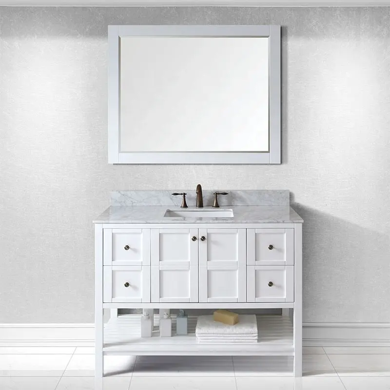 Vanidad de gabinete de baño de madera sólida blanca prefabricada de 48 pulgadas de moda con estilo coctelera