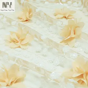 Nanyee Textile Light Weight Smoothy White Sequin 3D Flower Tulle Fabric