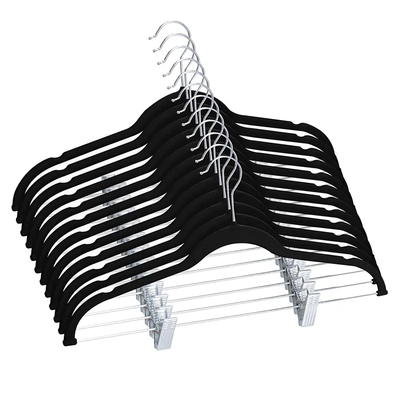 Swivel Hook Boutique Slim Non Slip Black Velvet Coat Hangers with Pant Clips