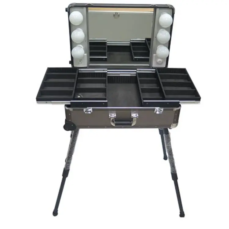 En aluminium 4 roues roulant professionnel cosmétique Maquillage Valise Train Avec miroir éclairé LED lumière